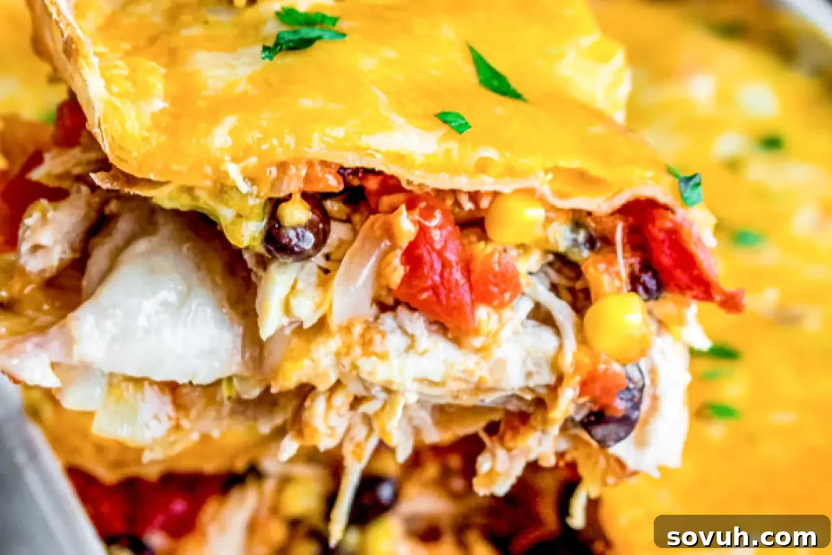 A close-up image showcasing a delicious Chicken Tortilla Casserole, beautifully layered with melted cheese, sweet corn, and vibrant red peppers, all elegantly garnished with freshly chopped parsley. The textures and colors promise a comforting and flavorful meal.