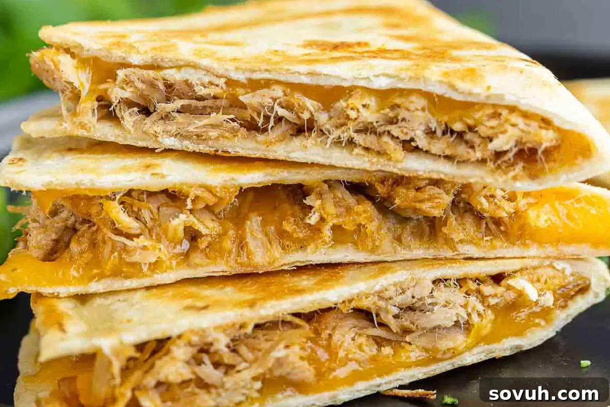 Golden-brown Pulled Pork Quesadillas, crispy on the outside and filled with tender, savory pulled pork and melted cheese. These appealing quesadillas are presented on a clean surface, highlighting their inviting texture and delicious potential as a quick and easy meal.