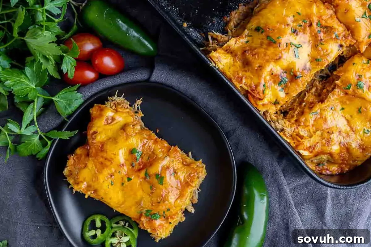 A beautifully composed plate of enchiladas, richly topped with melted cheese and fresh garnish, artfully arranged alongside vibrant fresh jalapeños, ripe tomatoes, and aromatic herbs, all set against a sophisticated dark textured background. This presentation highlights the freshness and appeal of the dish.
