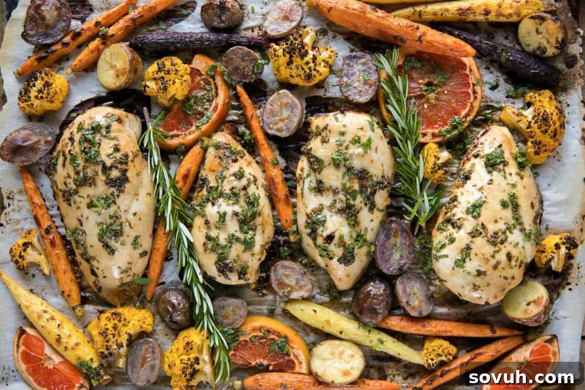Sheet pan with four seasoned chicken breasts, assorted carrots, halved small potatoes, cauliflower, orange slices, and sprigs of rosemary, all roasted.