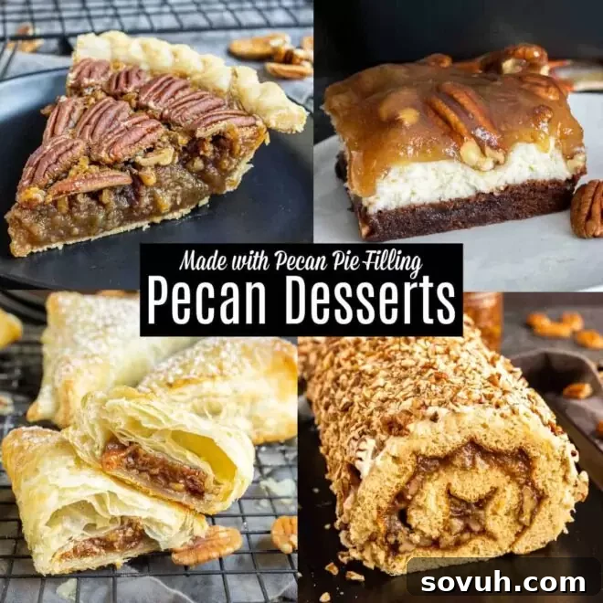 A selection of delicious pecan desserts, showcasing the versatility of pecan pie filling in various forms.