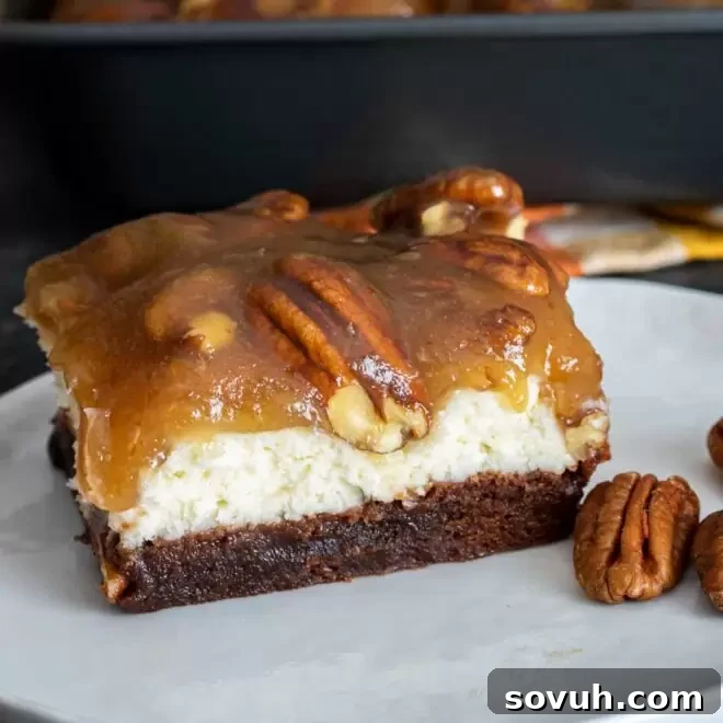 Pecan Pie Cheesecake Brownies on a plate, showing layers of rich chocolate, creamy cheesecake, and pecan topping.