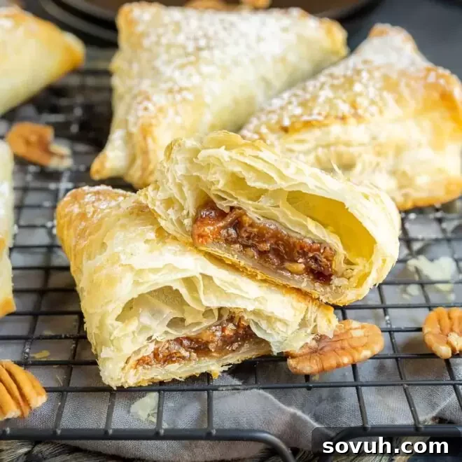 Individual Puff Pastry Pecan Pies cooling on a rack, showing their flaky golden crusts.