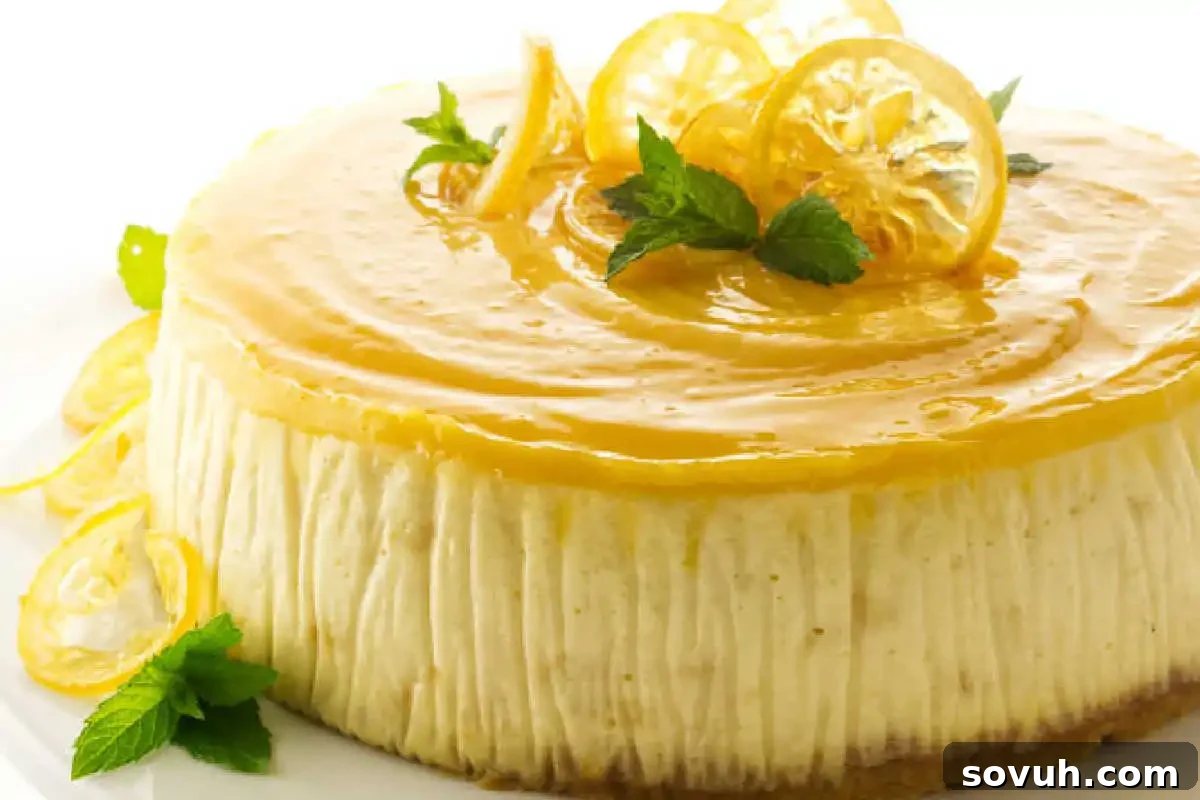 A round lemon cheesecake topped with lemon glaze, lemon slices, and mint leaves, displayed on a white plate.