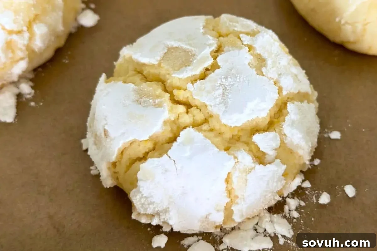 A single lemon crinkle cookie dusted with powdered sugar sits on a sheet of brown parchment paper.