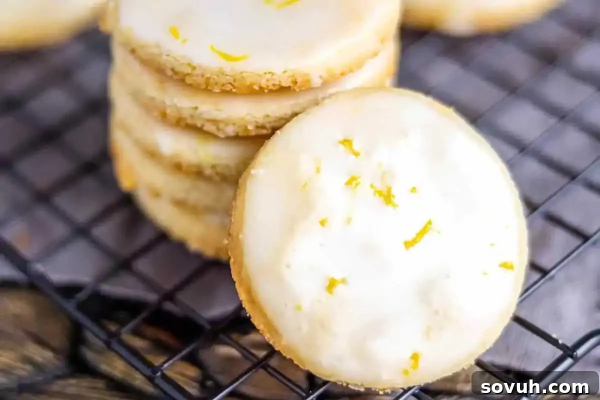 A stack of round, iced cookies with orange zest on top sits on a black cooling rack.