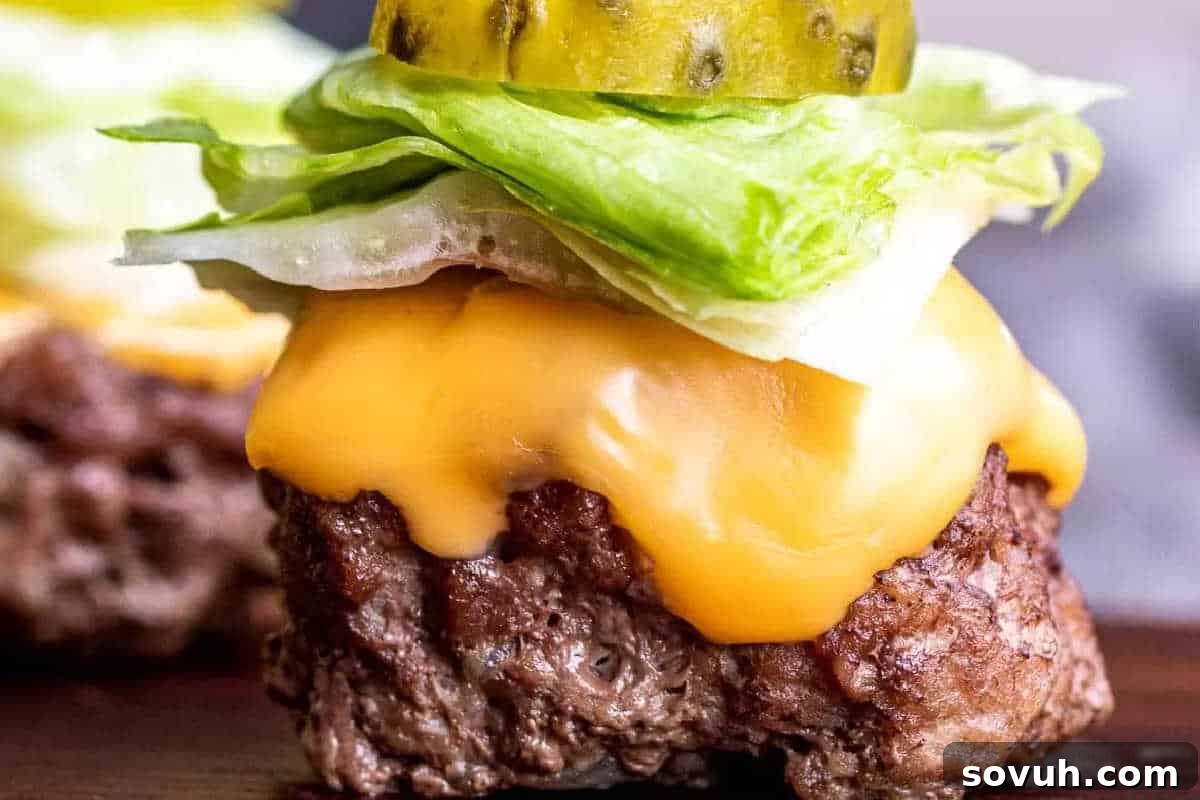 Close-up of a cheeseburger with melted cheese, lettuce, and pickles on a beef patty, no bun.