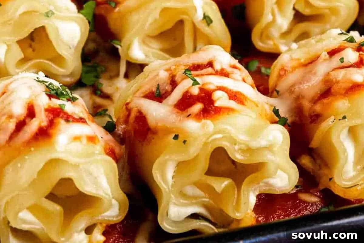 Close-up of rolled pasta tubes filled with cheese, topped with tomato sauce and melted cheese, garnished with chopped herbs.
