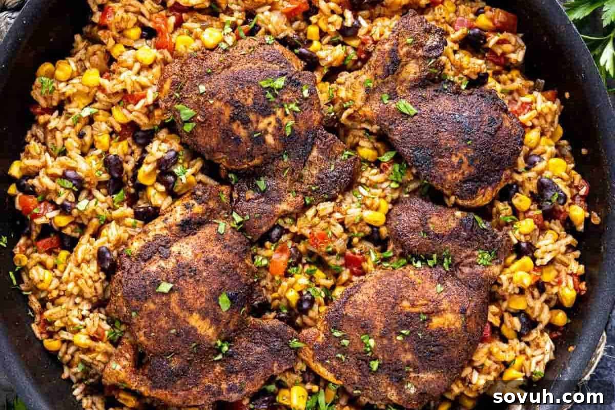 A vibrant skillet overflowing with perfectly seasoned chicken thighs nestled on a bed of fluffy rice, richly mixed with black beans, sweet corn, and colorful diced vegetables, all garnished with freshly chopped herbs.