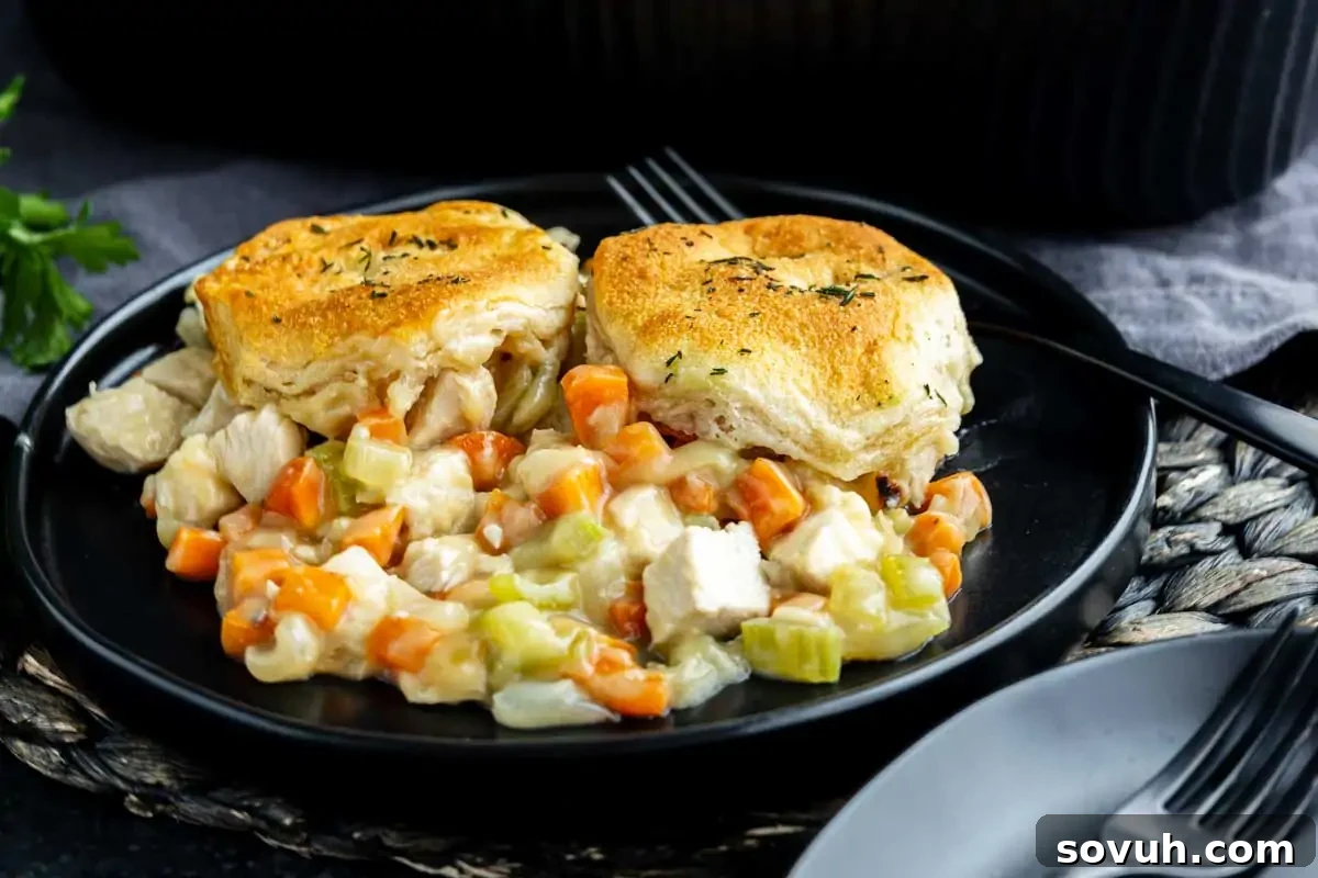 A black plate showcasing a hearty chicken pot pie, artfully topped with two golden biscuits. The pie is generously filled with succulent diced chicken, sweet carrots, crisp celery, and a rich, creamy sauce. Forks are thoughtfully placed beside the plate, ready to enjoy.