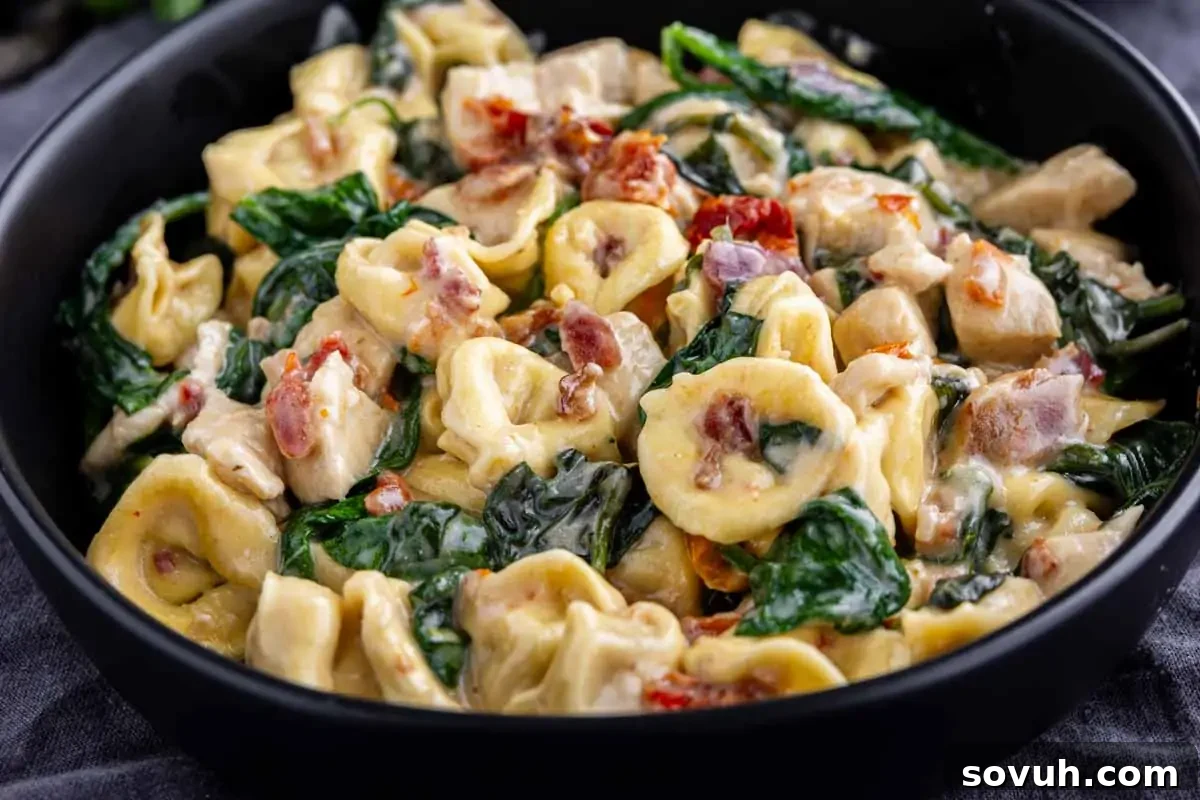 A hearty black bowl filled with creamy tortellini pasta, vibrant spinach, juicy diced tomatoes, and tender pieces of chicken, all tossed in a delicious sauce.