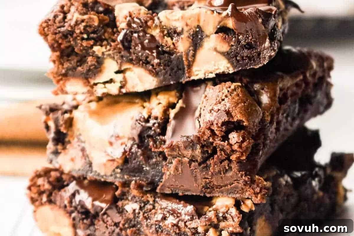 A delectable close-up of three artfully stacked dark chocolate brownies, showcasing generous chunks of creamy peanut butter and glistening chocolate chips embedded within.