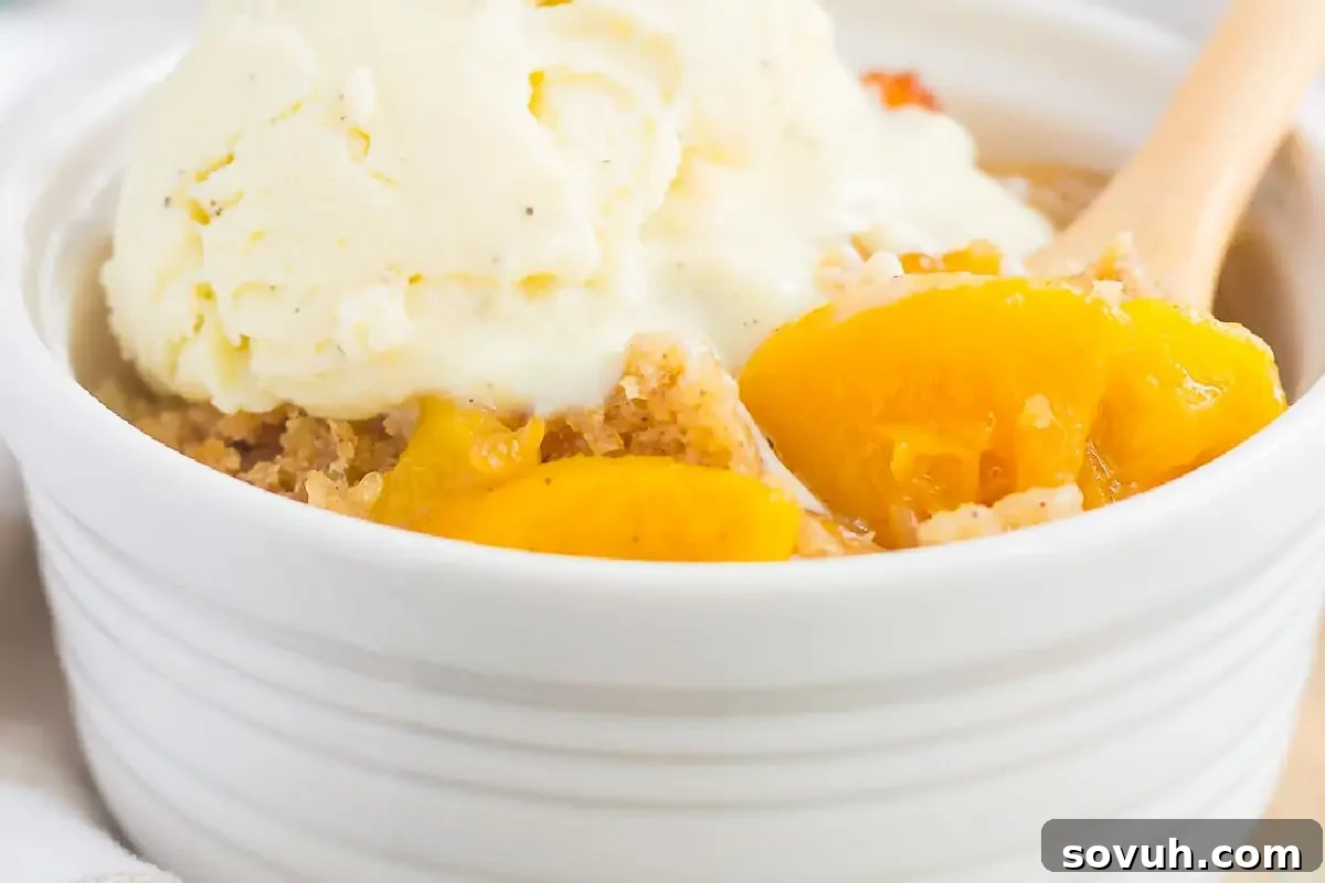 A pristine white bowl filled with warm, bubbling peach cobbler, generously topped with a scoop of creamy vanilla ice cream. A wooden spoon rests in the bowl, inviting a taste of this comforting dessert.
