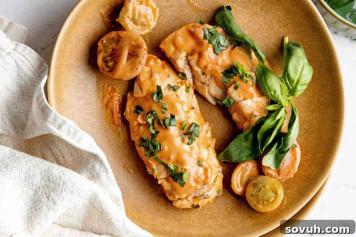 A plate features two succulent pieces of grilled chicken, generously topped with a creamy orange sauce. The dish is beautifully garnished with finely chopped herbs and fresh basil leaves, complemented by vibrant halved cherry tomatoes. A neat white cloth napkin rests beside the plate, completing the elegant presentation.