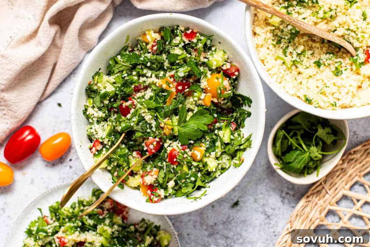 A beautifully presented bowl of vibrant Tabbouleh salad, rich with finely chopped parsley, diced tomatoes, crisp cucumber, and fluffy bulgur, gracefully positioned beside a small bowl of plain bulgur and a fresh bunch of parsley, with elegant serving utensils ready for use.