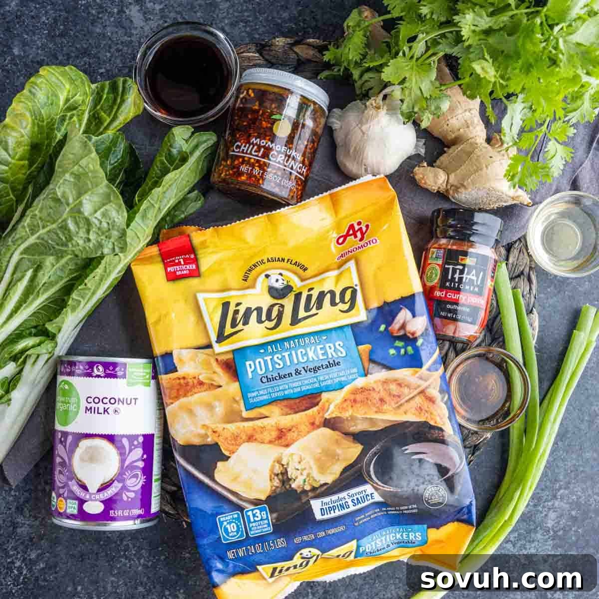 A bag of Ling Ling chicken and vegetable potstickers surrounded by bok choy, coconut milk, green onions, cilantro, ginger, sauces, and spices—perfect for trying a viral TikTok dumpling recipe or making baked dumplings with coconut milk.