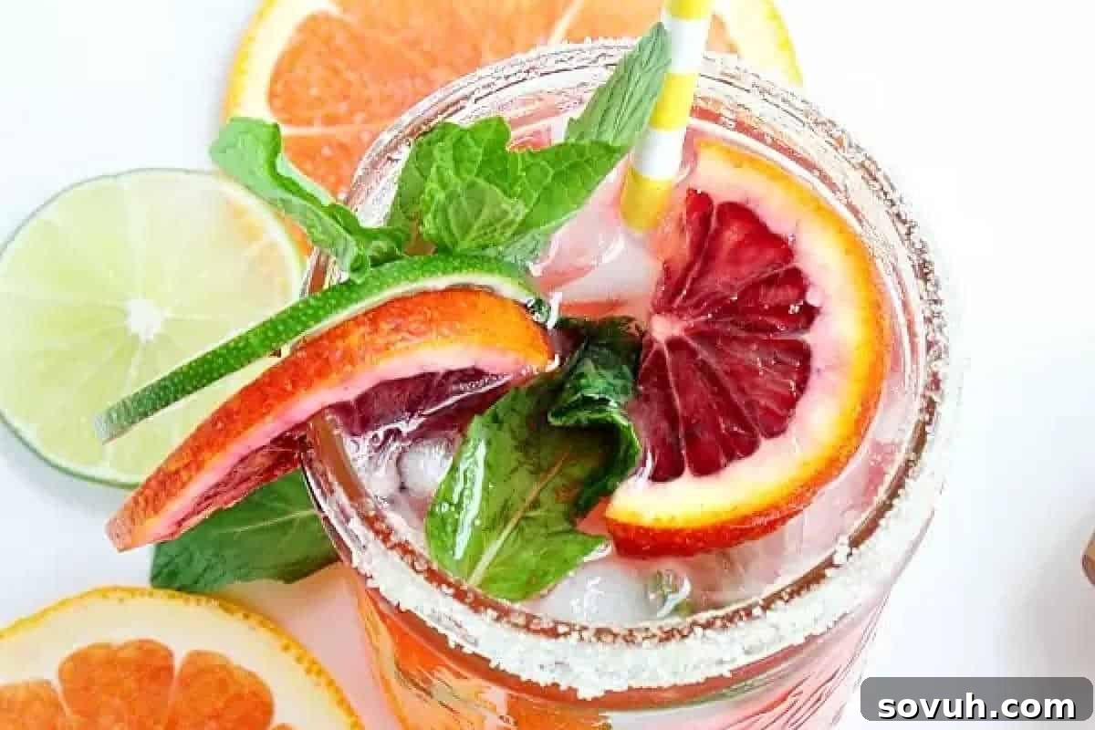 A close-up of a glass of iced citrus drink garnished with blood orange slices, lime, fresh mint leaves, and a striped straw, with citrus slices in the background.