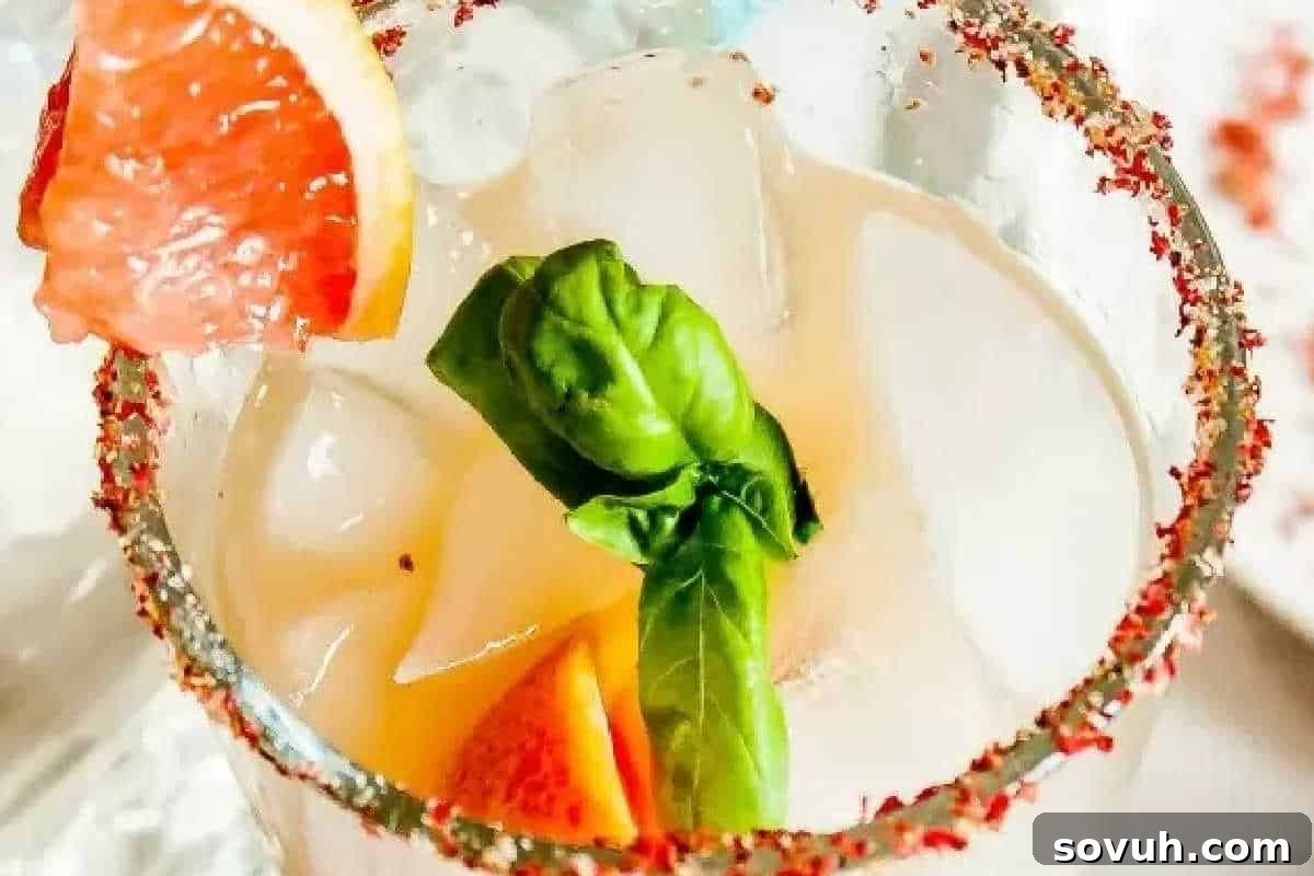 A close-up of a cocktail glass with ice, a rim coated in chili powder, garnished with basil leaves and grapefruit wedges.