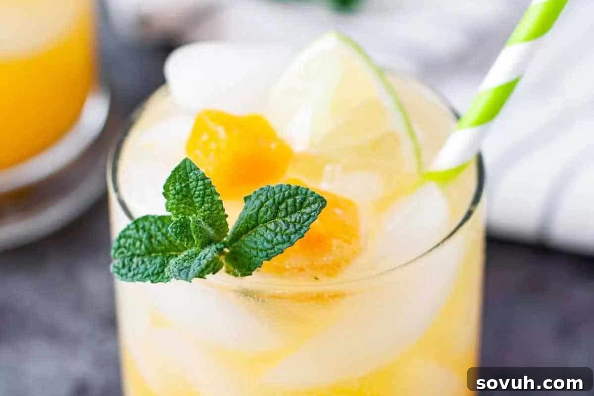 A glass of iced mango drink garnished with mint leaves, lime wedge, mango pieces, and a green striped straw.