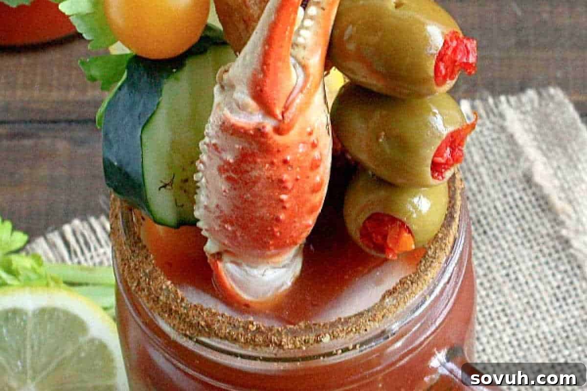A Bloody Mary cocktail in a mason jar, garnished with a crab claw, green olives, cherry tomatoes, celery, and cucumber, with a spiced rim and a lemon slice on the side.