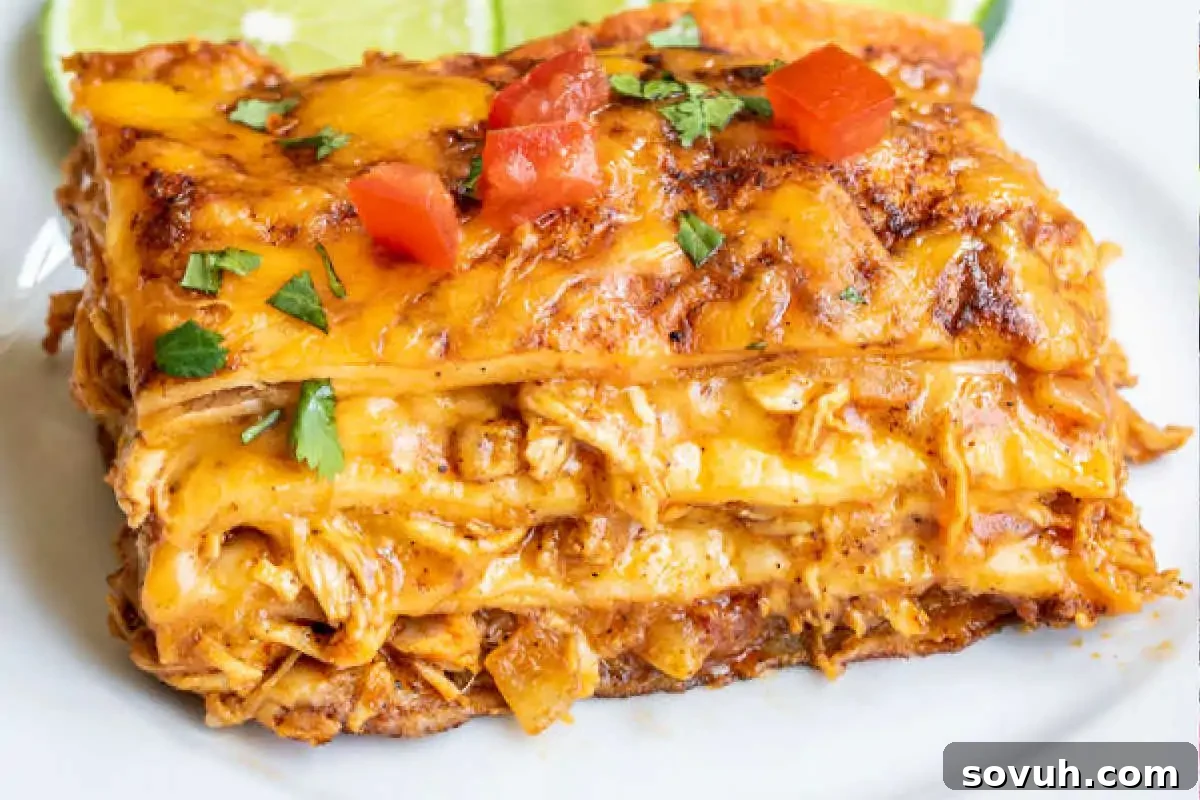 A slice of cheesy chicken enchilada casserole topped with diced tomatoes and cilantro on a white plate.