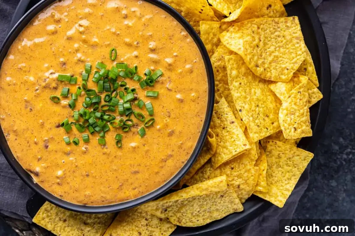 A black bowl of cheesy dip topped with chopped green onions, served with yellow tortilla chips on a black plate.