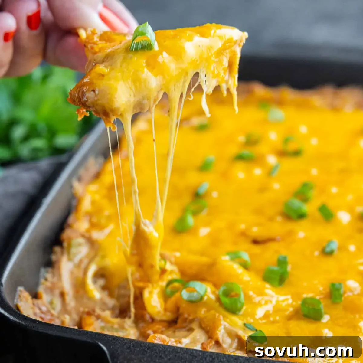 A hand lifts a cheesy slice of casserole from a baking dish, with gooey cheese stretching and chopped green onions on top—perfect for fans of Texas trash dip.