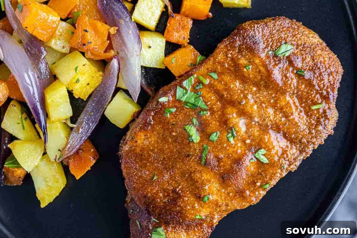 Grilled pork chop with chopped parsley served alongside roasted vegetables including potatoes, carrots, and red onions on a black plate.