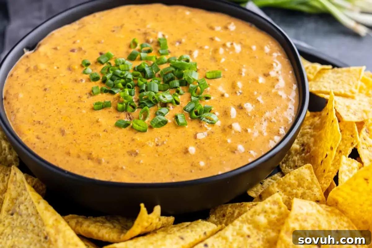 A bowl of creamy queso dip topped with chopped green onions, surrounded by tortilla chips.