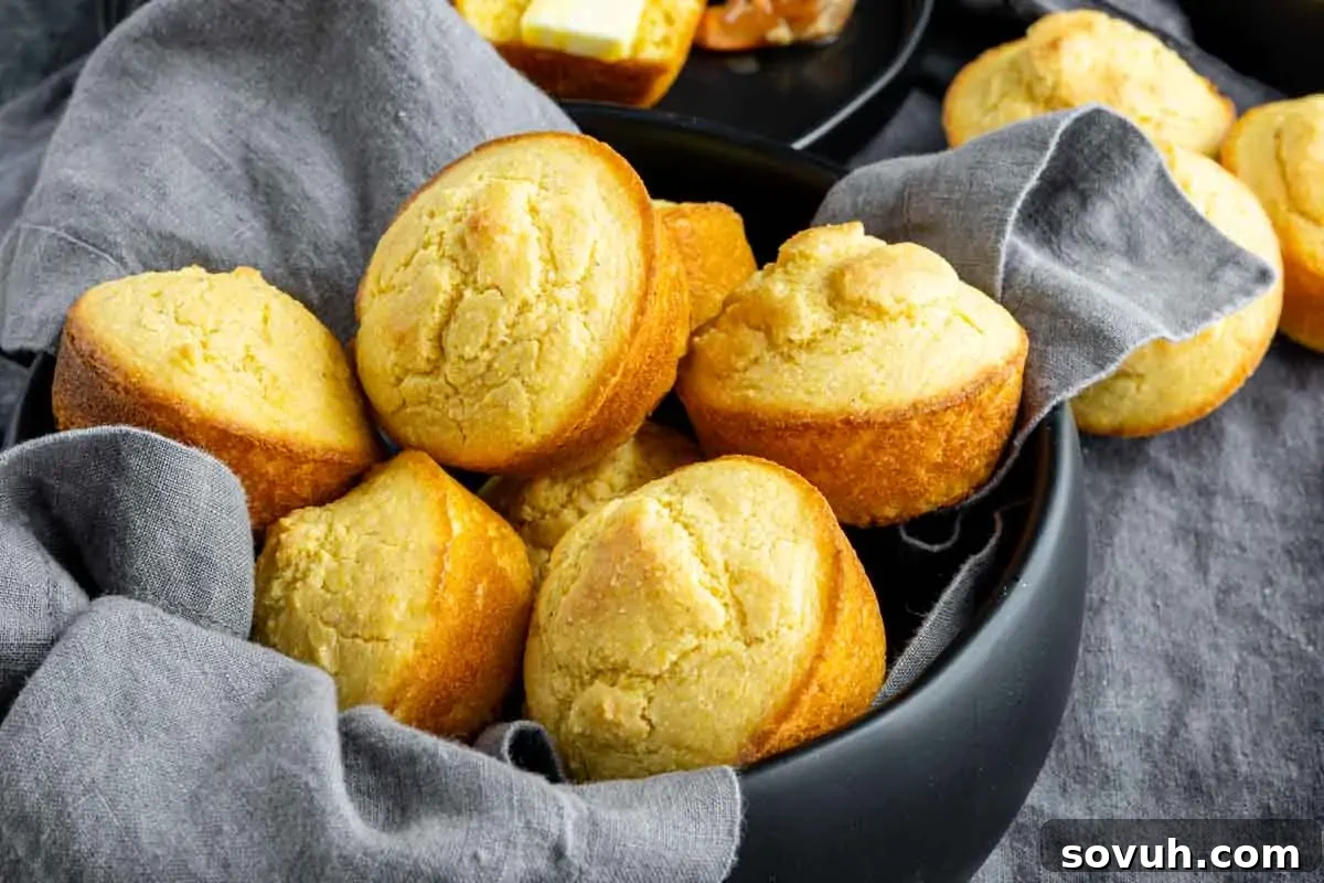 A black bowl lined with a gray cloth holds several golden-brown cornbread muffins, with more muffins visible in the background.