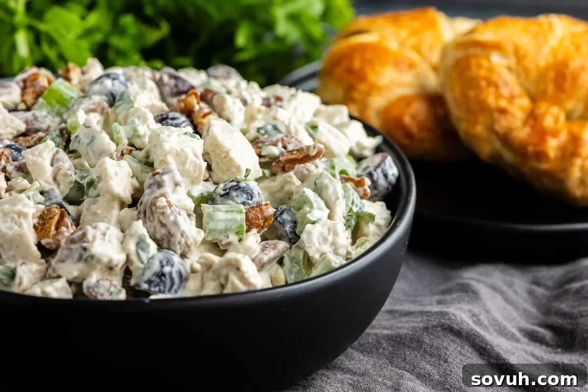 A bowl of chicken salad with grapes, celery, and pecans sits next to two croissants on a black plate.
