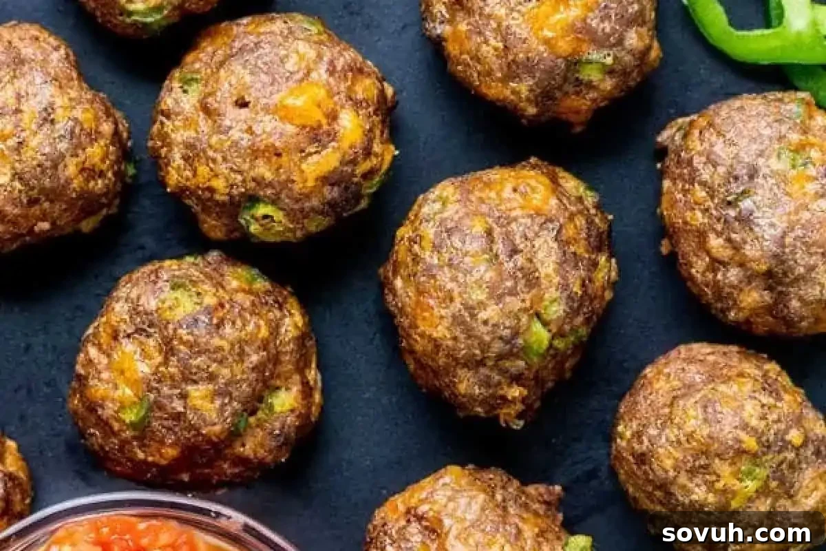 Several browned sausage balls with visible bits of green pepper are arranged on a dark surface, with a bowl of dipping sauce partly visible in the corner.