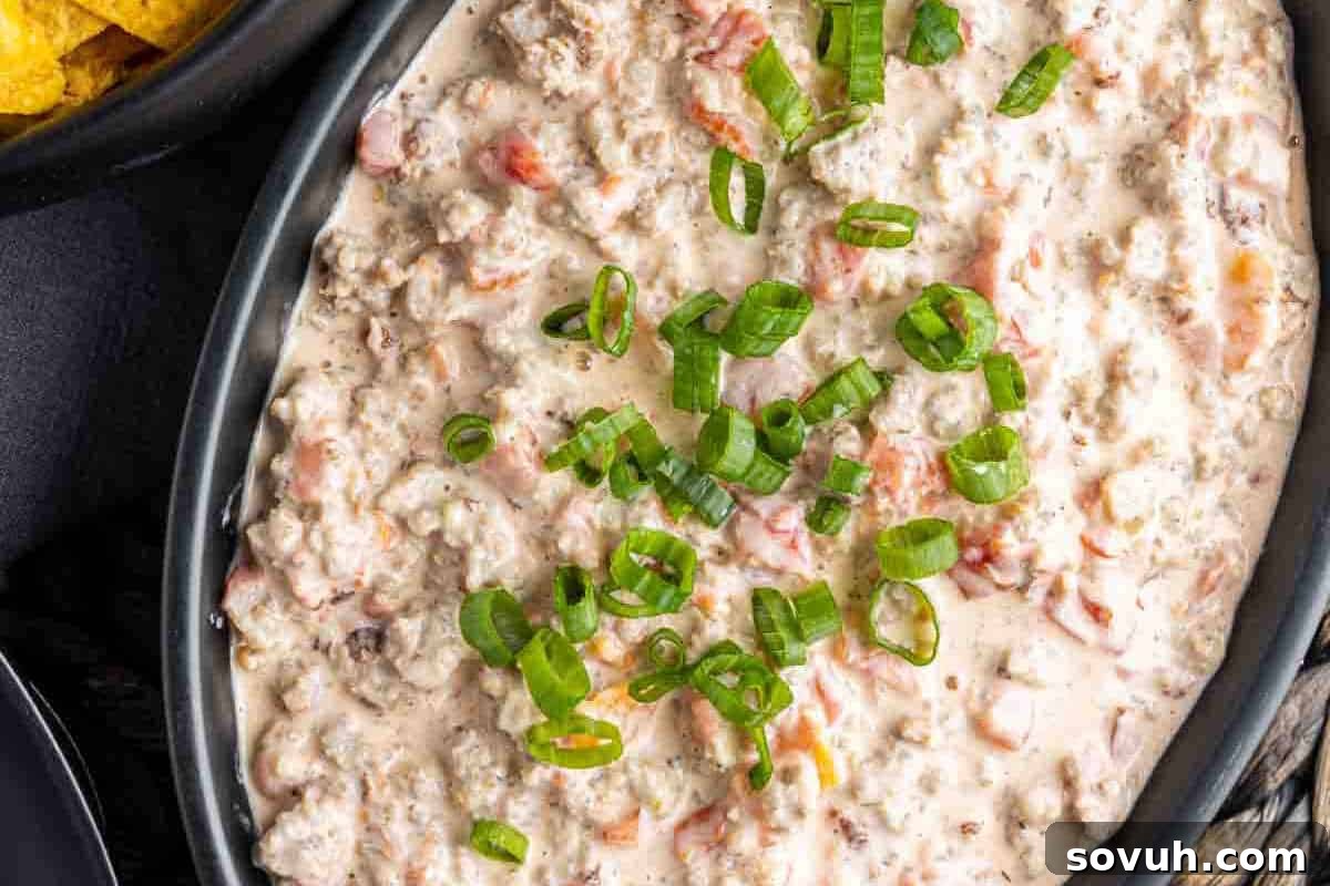 A bowl of creamy dip with ground meat and diced tomatoes, topped with chopped green onions.