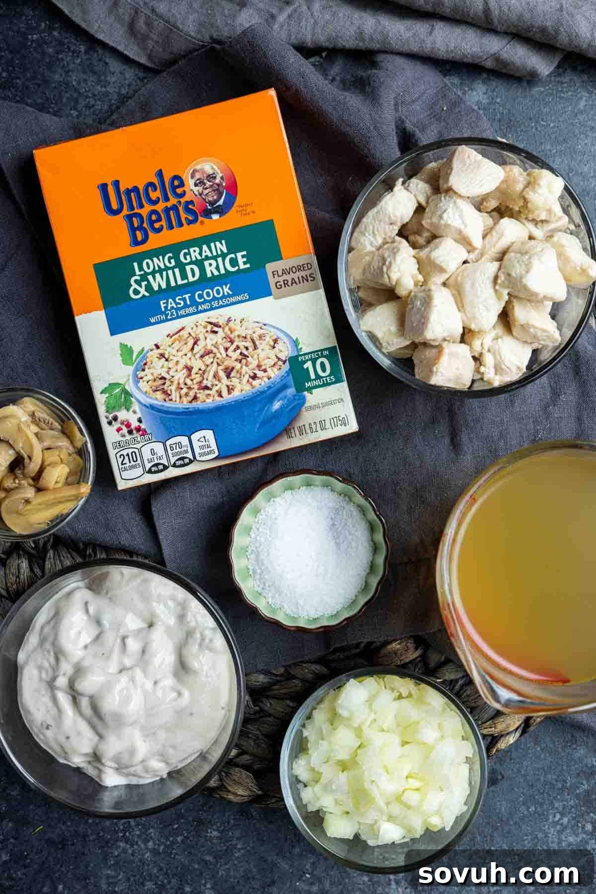 Ingredients for Cream of Mushroom Chicken and Rice laid out on a table