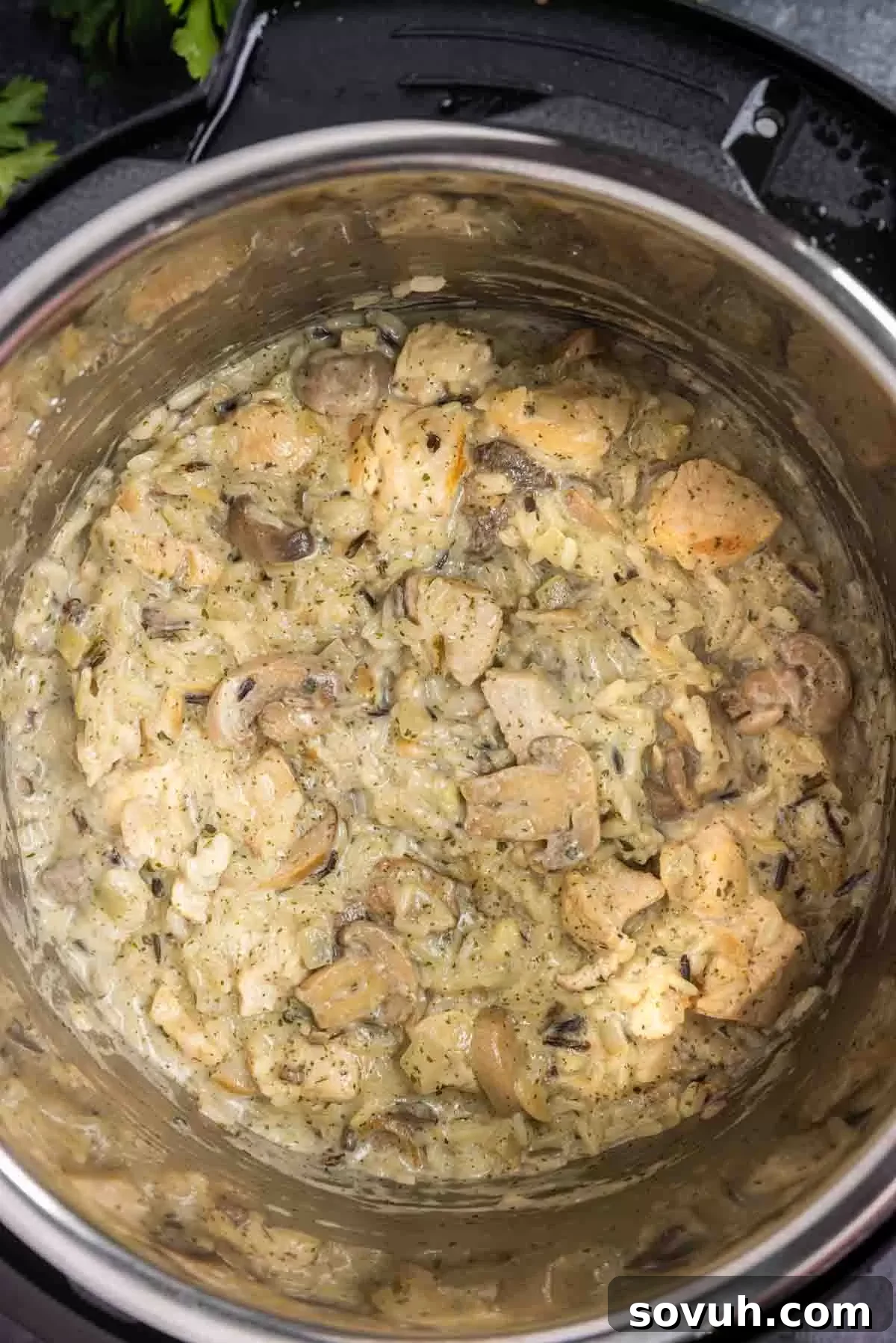 Instant Pot set to pressure cook cream of mushroom chicken and rice