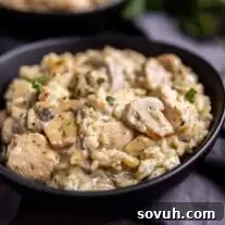 black bowl of Cream of Mushroom Chicken and Rice