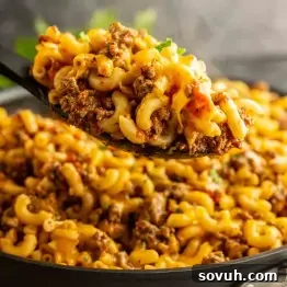 A close-up of a spoonful of macaroni mixed with ground beef and tomato sauce, held above a pan filled with the same pasta dish.
