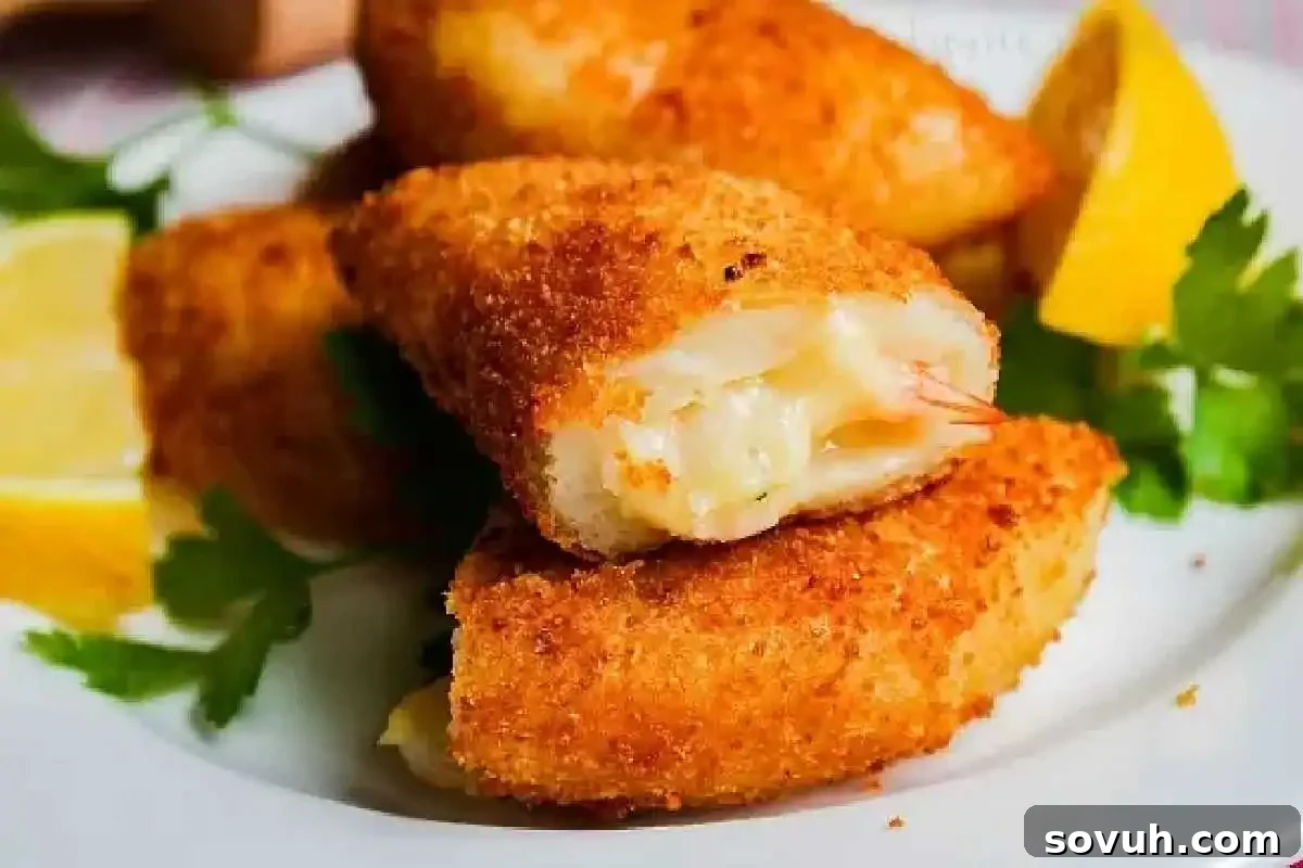 Three golden-fried Rissóis de Camarão, traditional Portuguese shrimp turnovers, with one cut open to show its creamy filling, served with lemon.