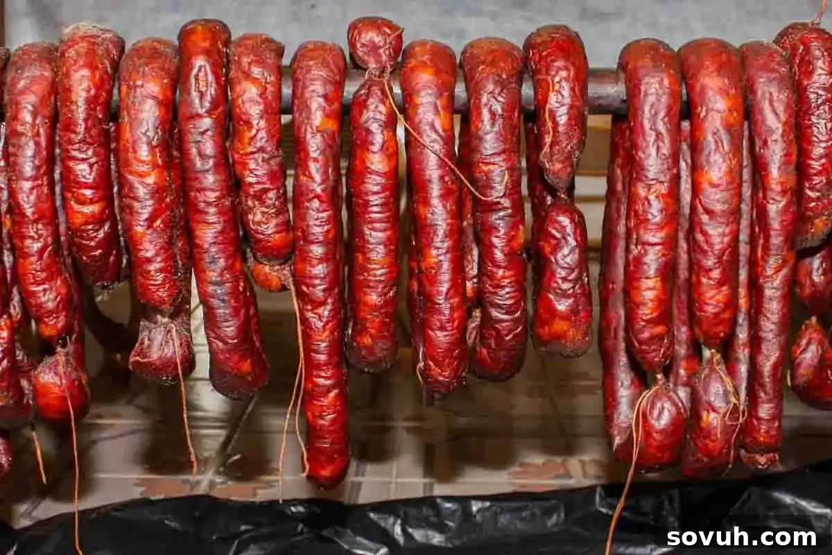 Several traditional Portuguese Chouriço sausages, smoky and rich, hanging on a metal rod, ready for cooking or enjoying.