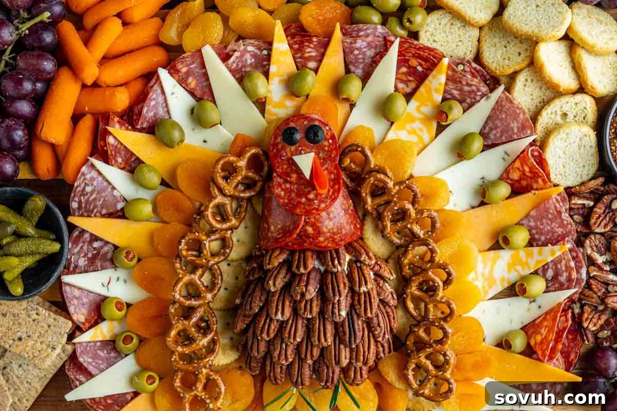 A Thanksgiving charcuterie board arranged as a festive turkey-shaped charcuterie board, with meats, cheeses, pretzels, pecans, olives, and dried fruit, surrounded by crackers and vegetables.