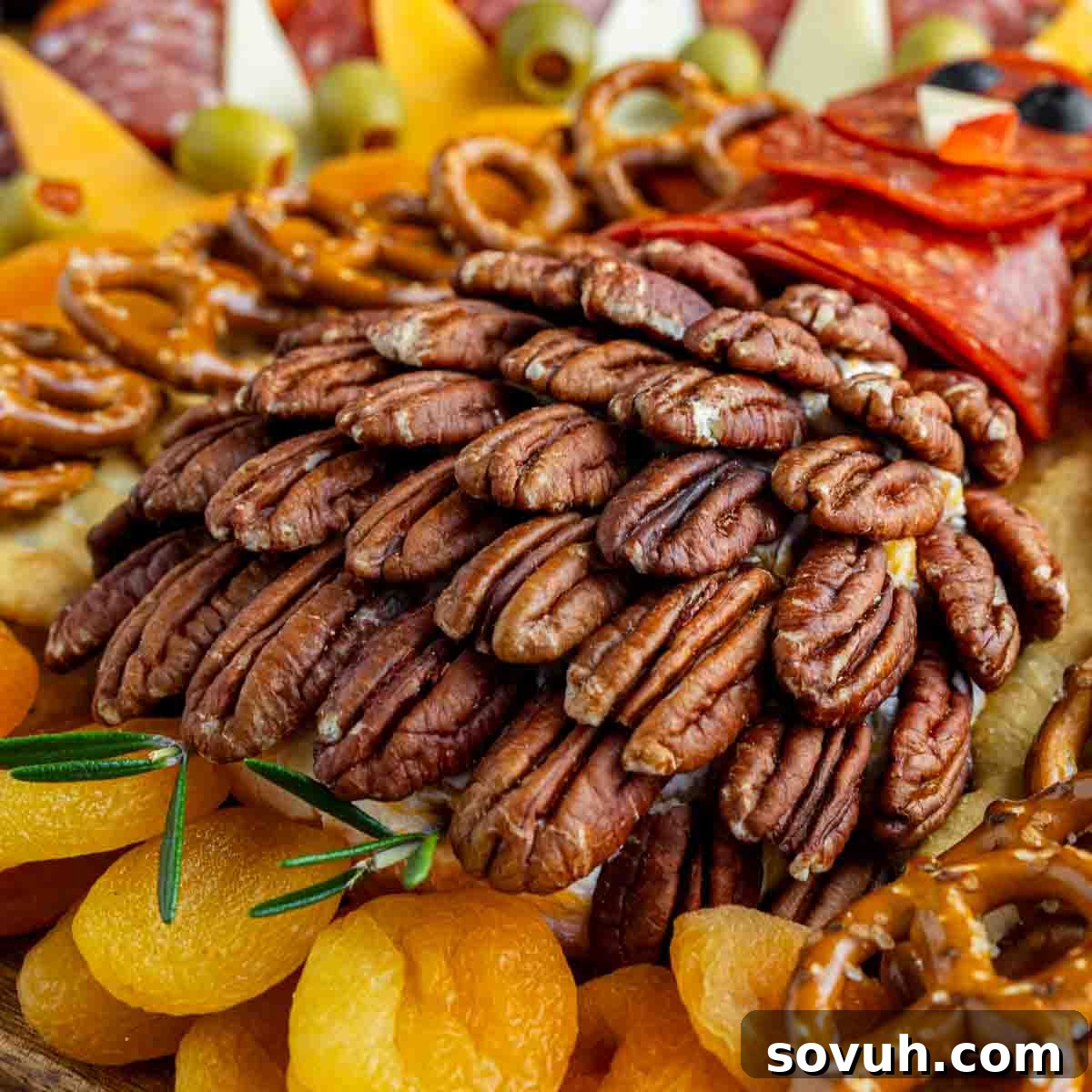 A festive Turkuterie board features a cheese ball shaped like a turkey, covered in pecans and surrounded by dried apricots, pretzels, olives, and deli meats—a whimsical addition to your Thanksgiving charcuterie board.
