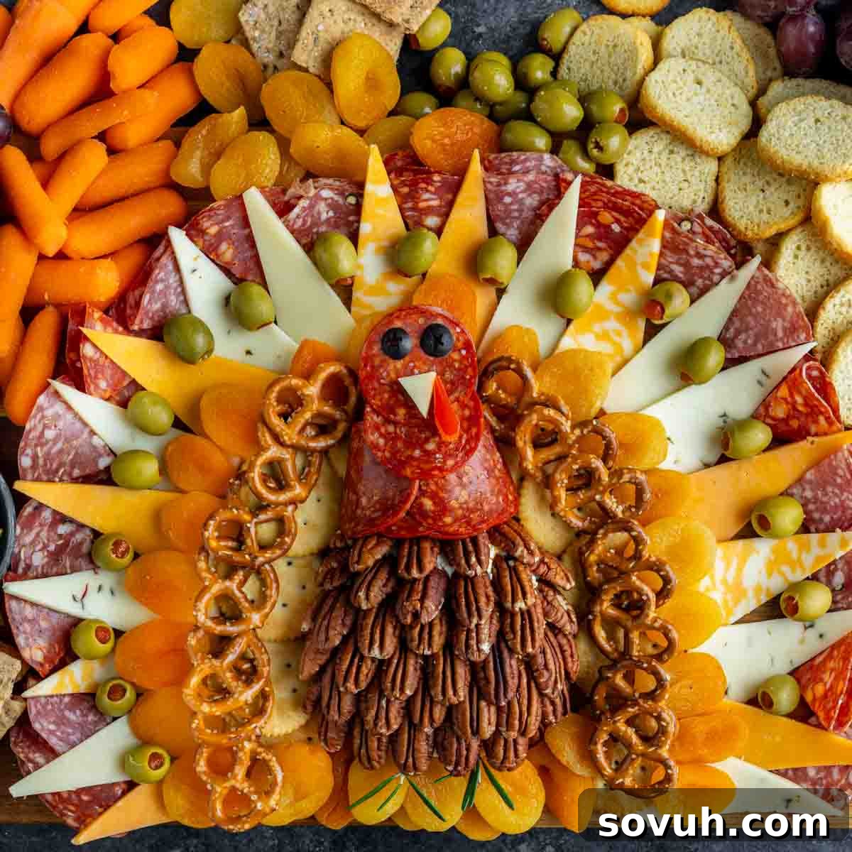 A festive turkey-shaped charcuterie board featuring meats, cheeses, nuts, olives, dried fruit, pretzels, carrots, and bread slices—perfect as a Thanksgiving charcuterie board centerpiece.