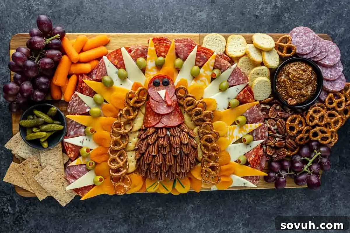 A Thanksgiving charcuterie board arranged to look like a turkey, featuring meats, cheeses, crackers, nuts, grapes, carrots, olives, pretzels, and dip on a wooden board—perfect for your festive celebration.