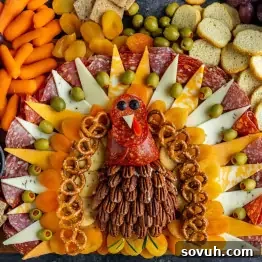 A festive turkey-shaped charcuterie board featuring meats, cheeses, nuts, olives, dried fruit, pretzels, carrots, and bread slices—perfect as a Thanksgiving charcuterie board centerpiece.