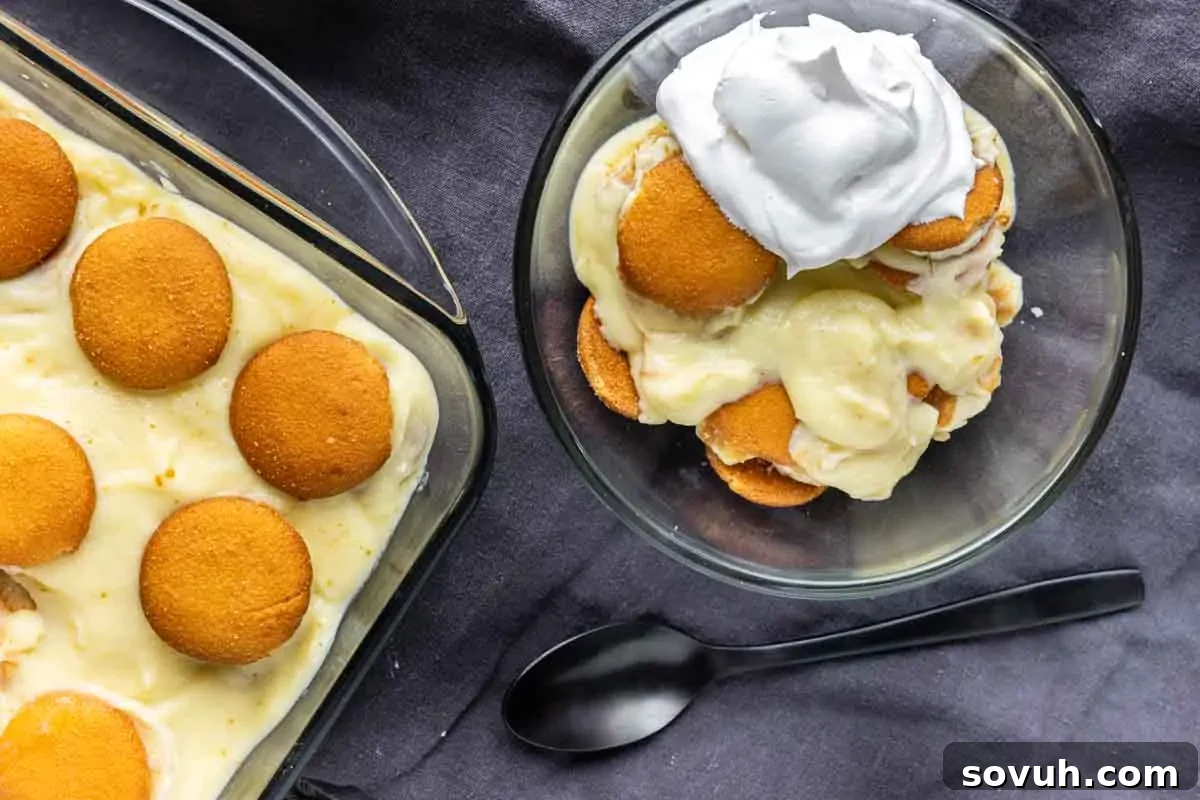 A bowl of banana pudding topped with whipped cream sits next to a baking dish of the same easy banana dessert. A spoon rests on the table beside them, ready to enjoy this classic treat made with homemade vanilla pudding.