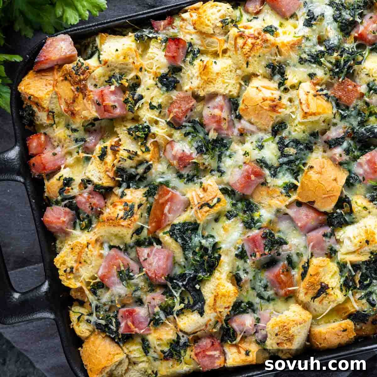 Ham and Cheese Strata in a cast iron skillet.