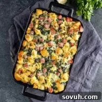 Ham and Cheese Strata with spinach.