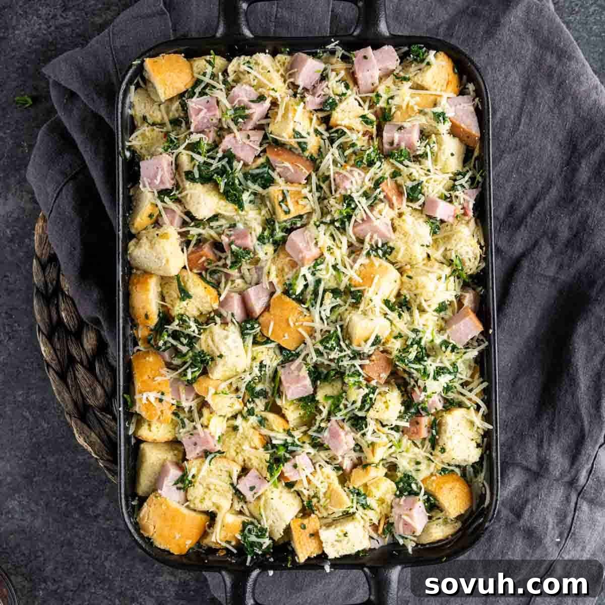 Ham and Cheese Strata in a black baking dish.