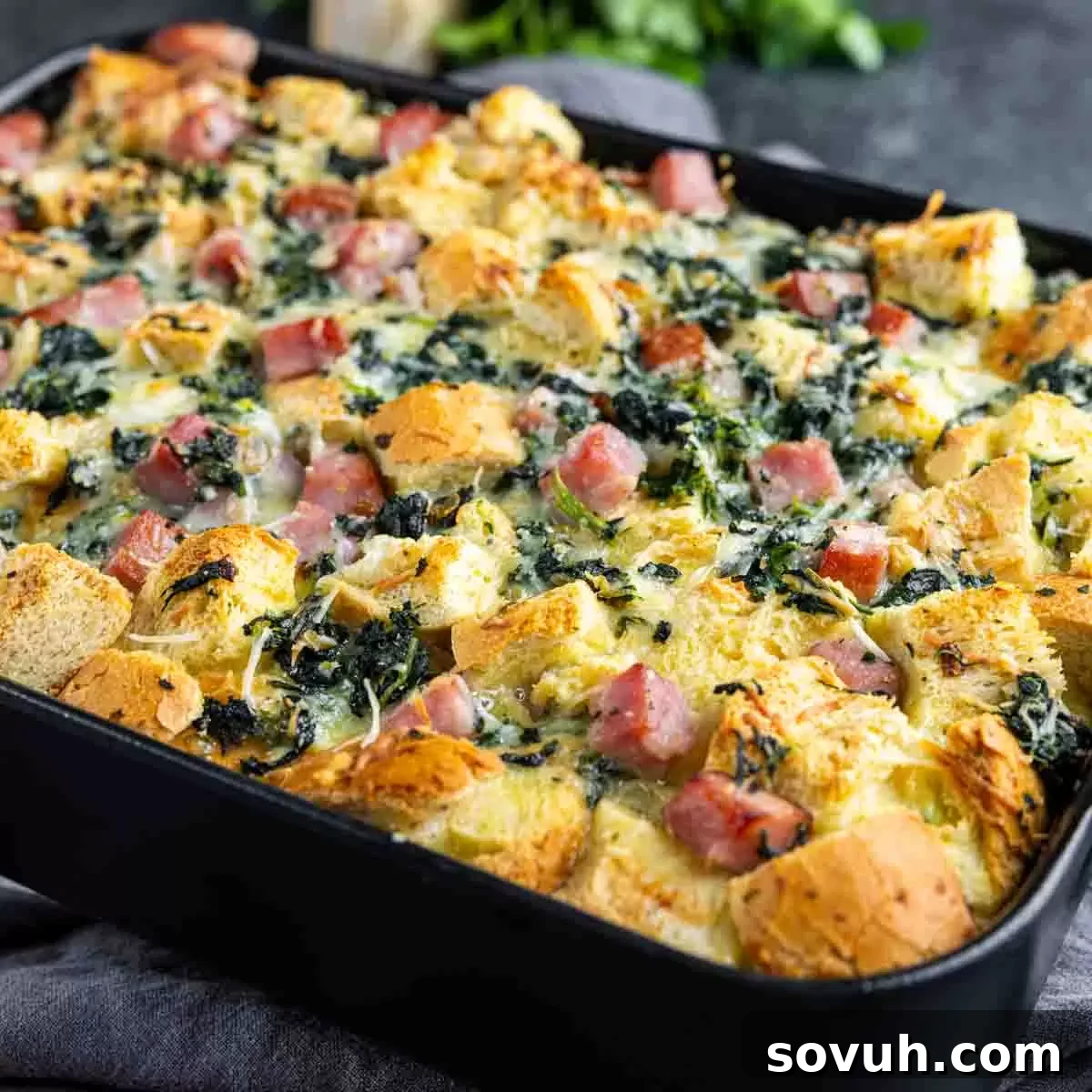Ham and Cheese Strata in a black baking dish.
