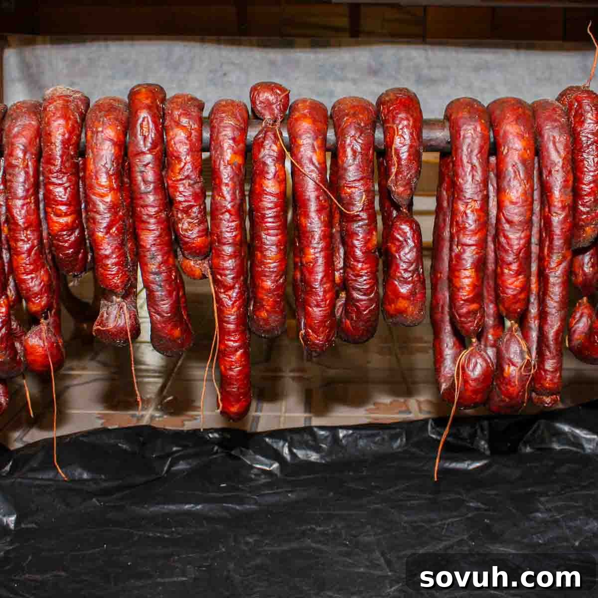 A bunch of Portuguese sausage hanging on a rack drying, showcasing the finished Chouriço